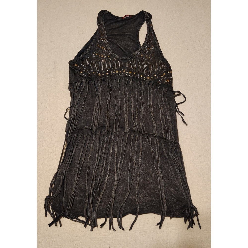 T-Party Womens Acid Wash Studded Fringe Racerback Tank Top Charcoal Gray Medium